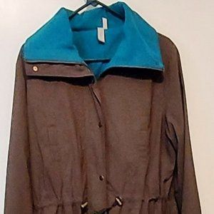 Vintage Sahalie Womans Brown Blue/Green Coat SX L Hood Snap's Pockets Zip Up